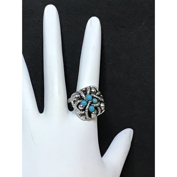 Avon Silver Tone Adjustable Ring W/ Faux Turquoise Sierra Design Signed SC (R62) - Picture 1 of 4